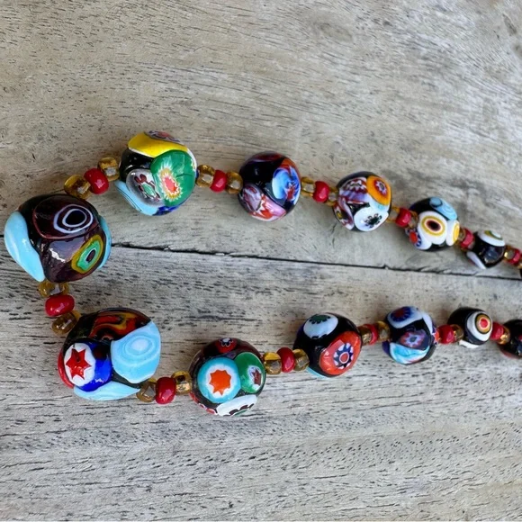VINTAGE ITALIAN MURANO VENETIAN MILLEFIORI MORETTI GLASS BEAD NECKLACE - Picture 7 of 16